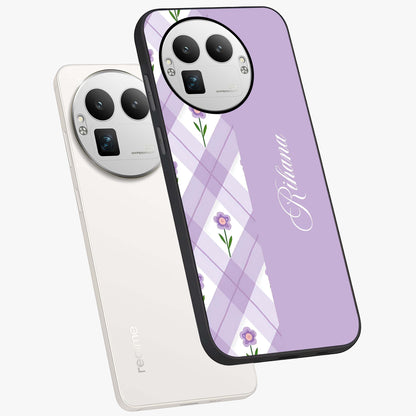 Purple Diamond Floral Glass Case displayed in angled mockup highlighting elegant purple flower design with decorative pattern.