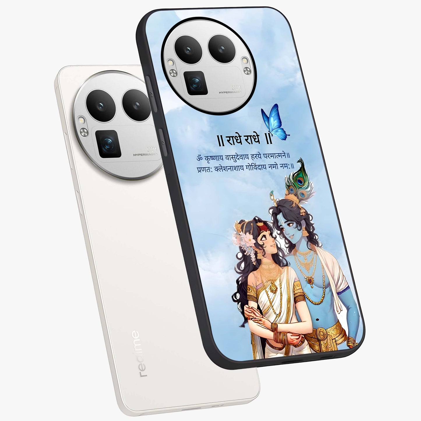 Radha Krishna Eternal Glass Case displayed in angled mockup highlighting divine Radha Krishna illustration with spiritual aesthetic.