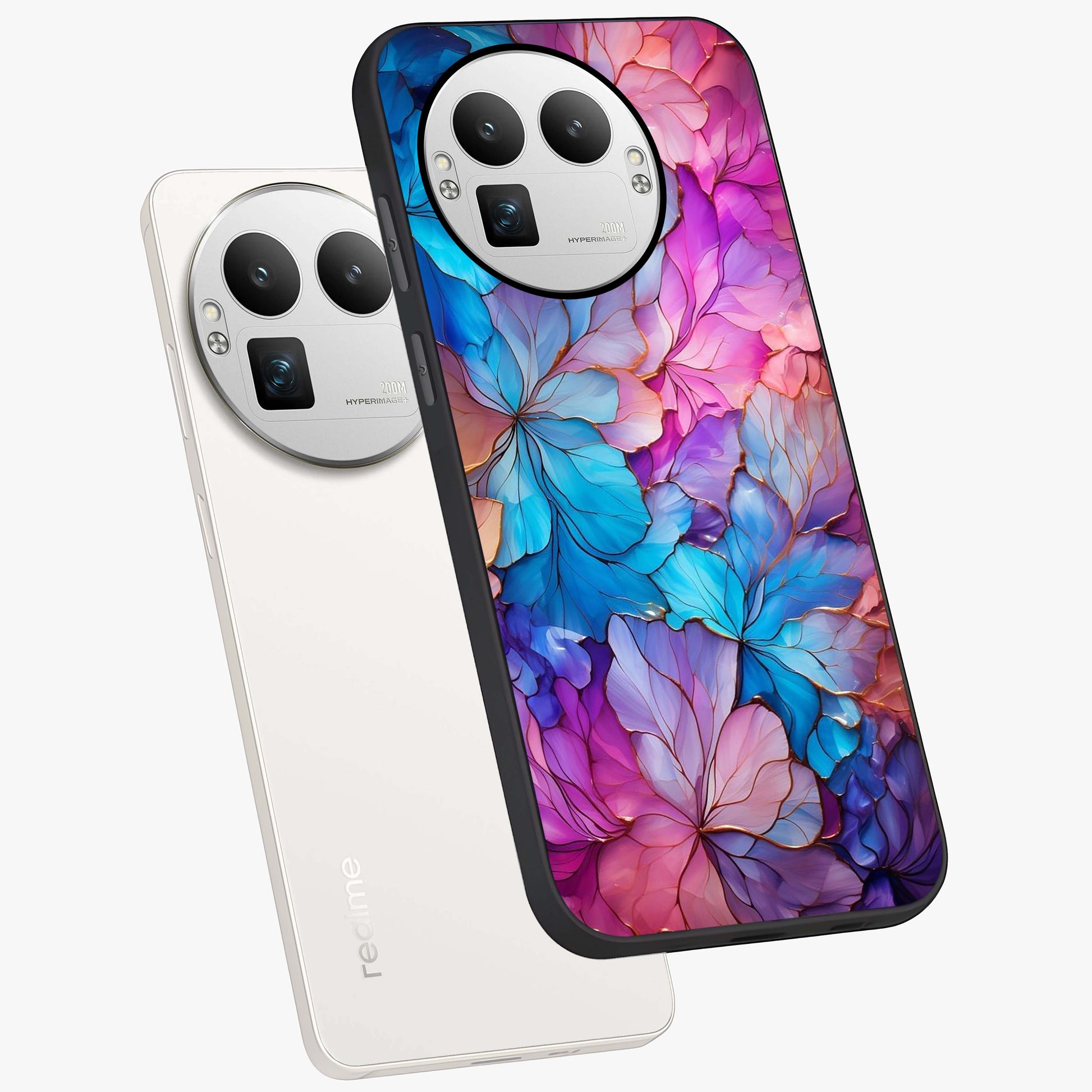Radiant Floral Whirl Glass Case displayed in angled mockup highlighting vibrant flower pattern with dynamic artistic aesthetic.