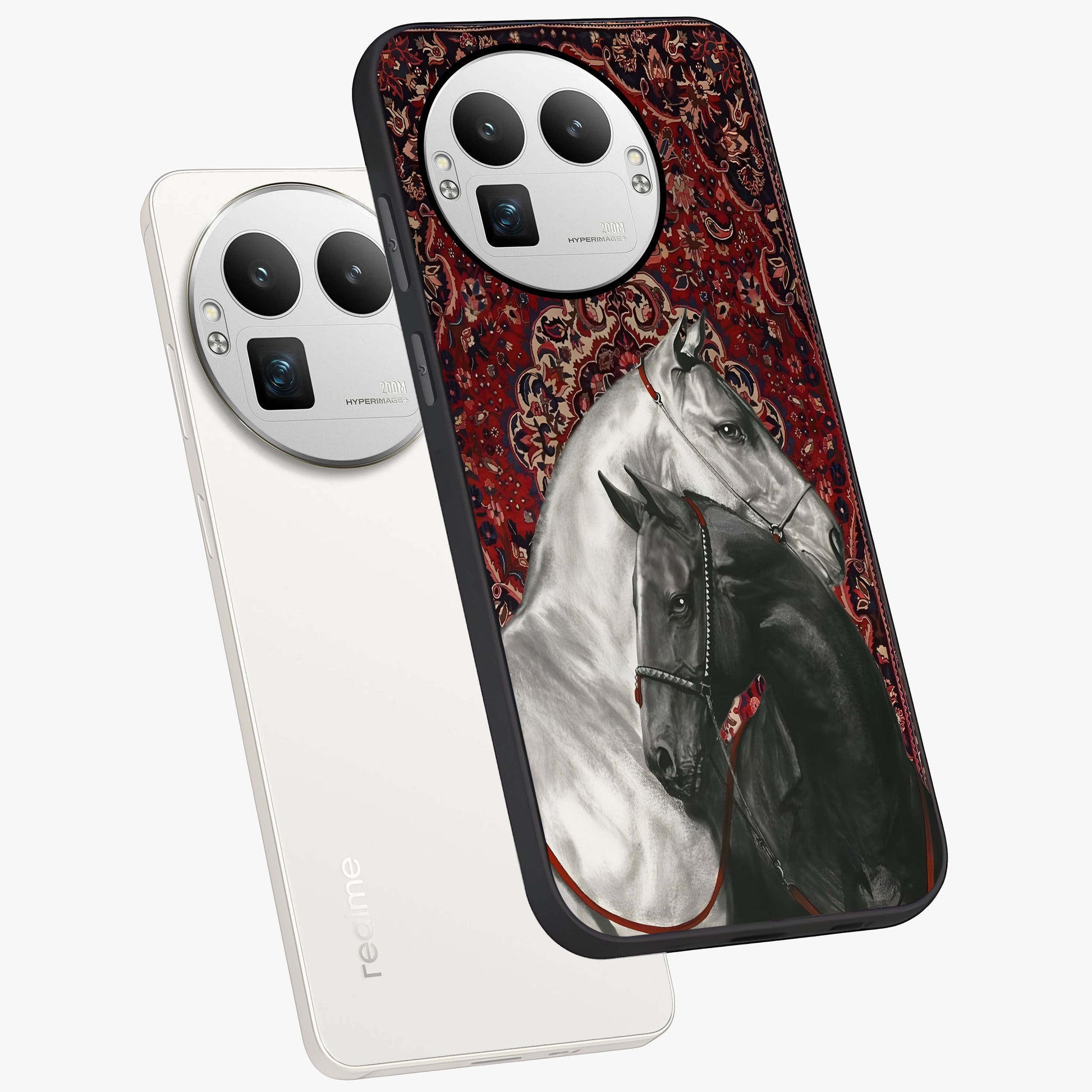 Regal Stallion Tapestry Glass Case displayed in angled mockup highlighting royal stallion design with decorative heritage aesthetic.