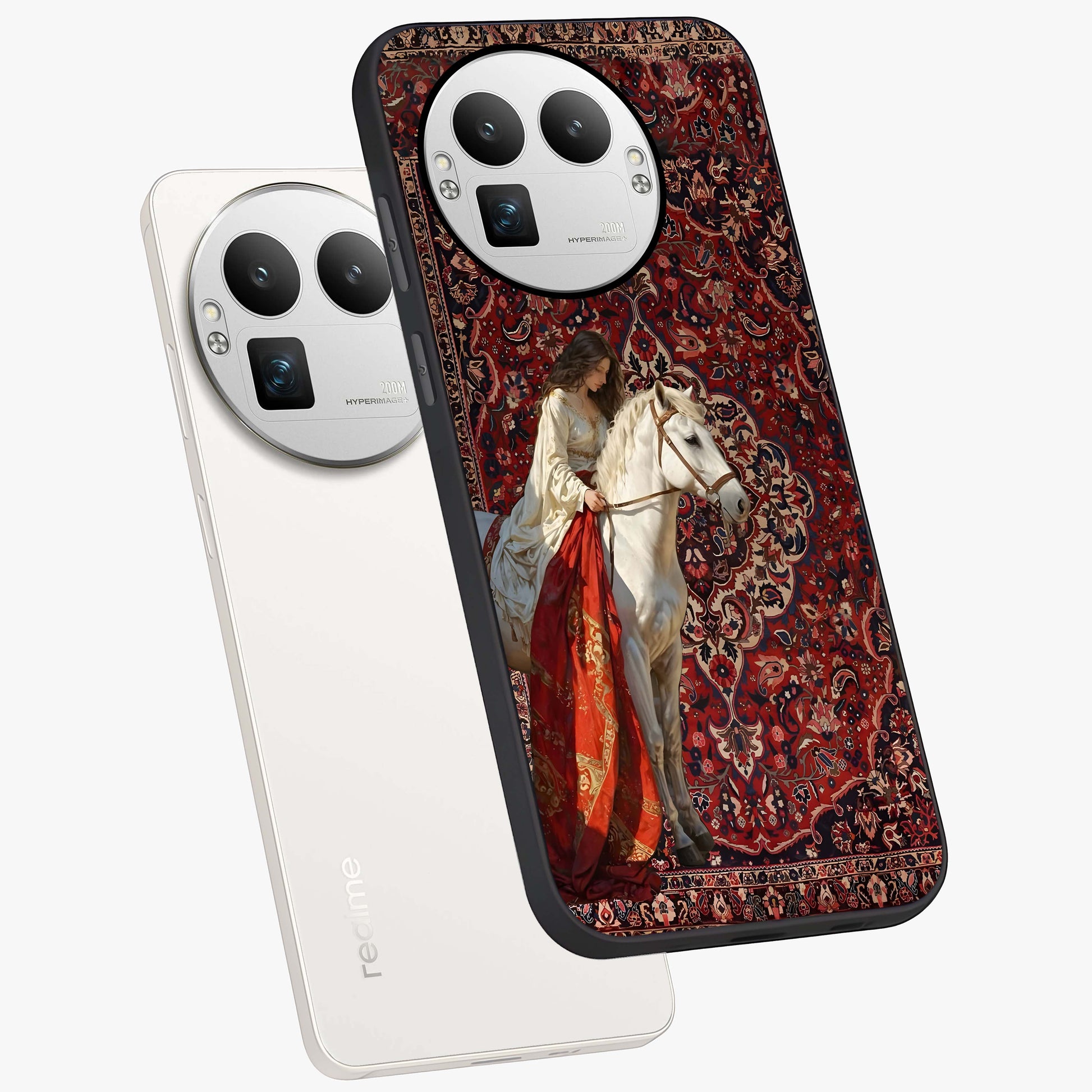 Royal Rider Tapestry Glass Case displayed in angled mockup highlighting traditional tapestry design with royal heritage aesthetic.