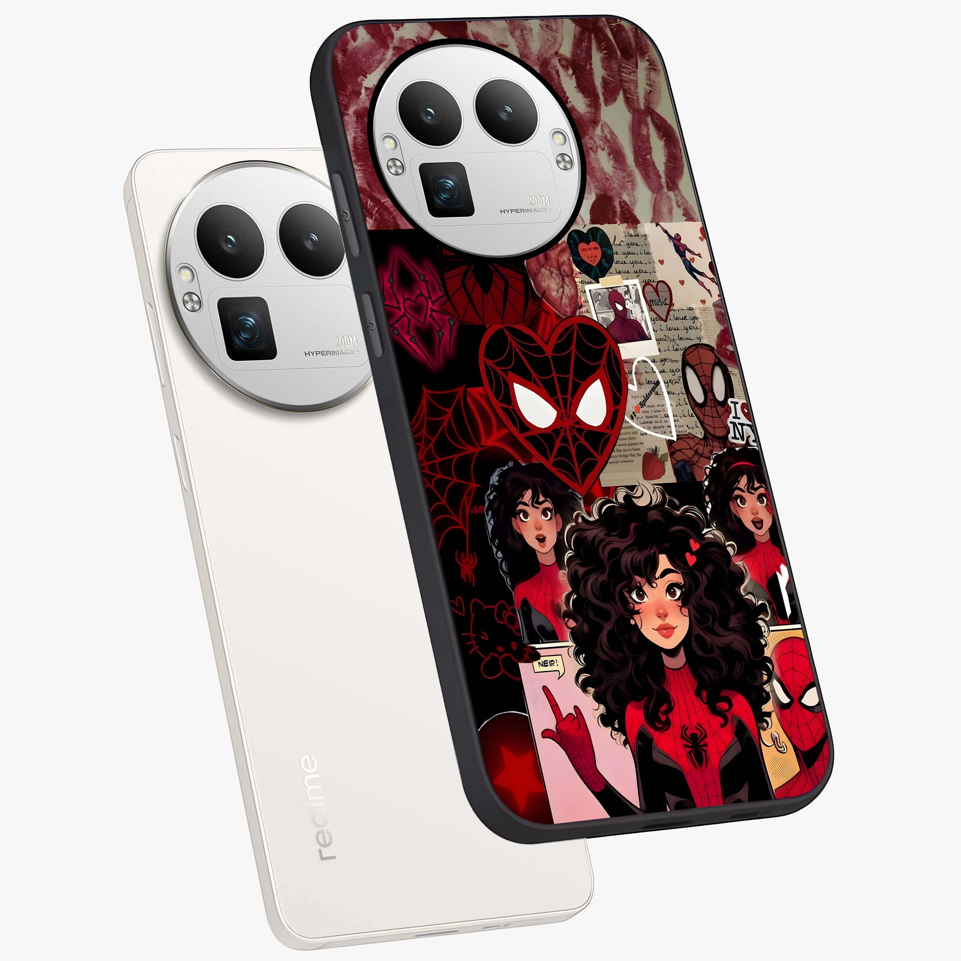 Spider Love Story Glass Case displayed in angled mockup highlighting expressive comic inspired design with playful aesthetic.