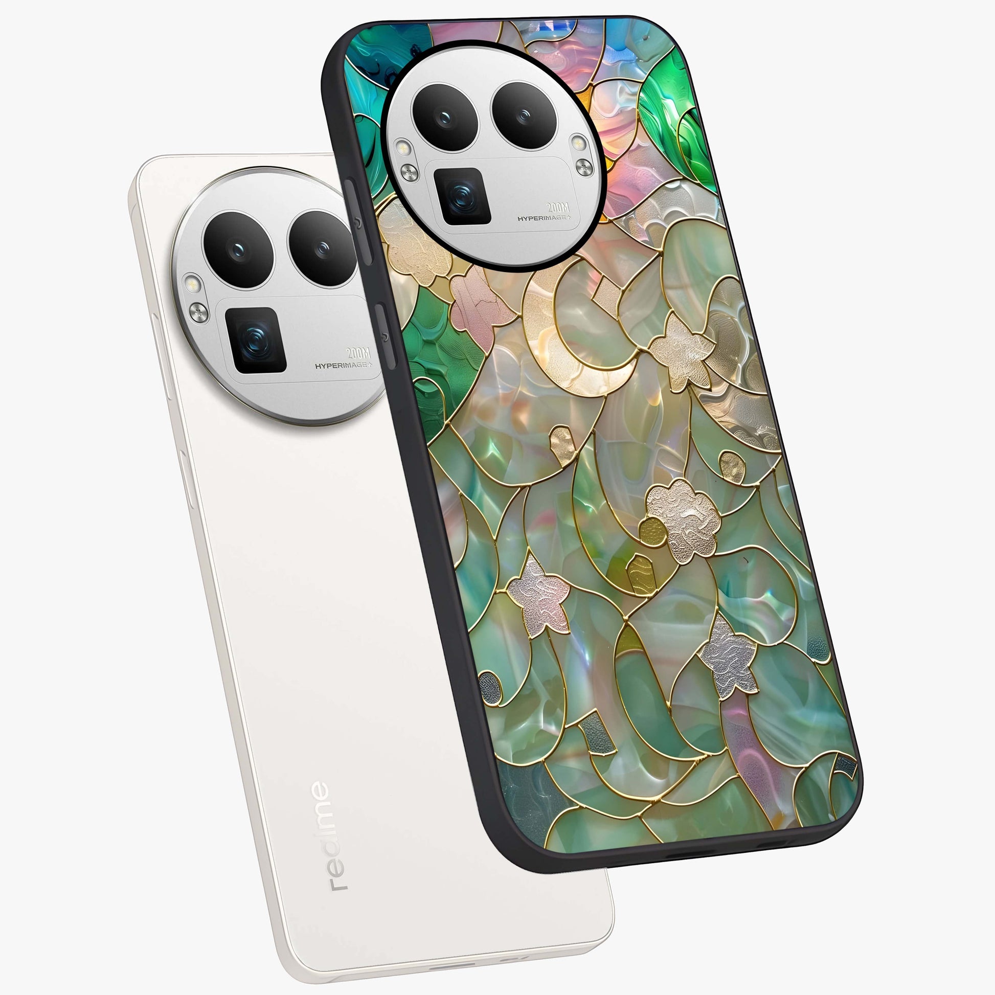 Stained Sunrise Glow Glass Case displayed in angled mockup highlighting radiant sunrise design with artistic aesthetic style.