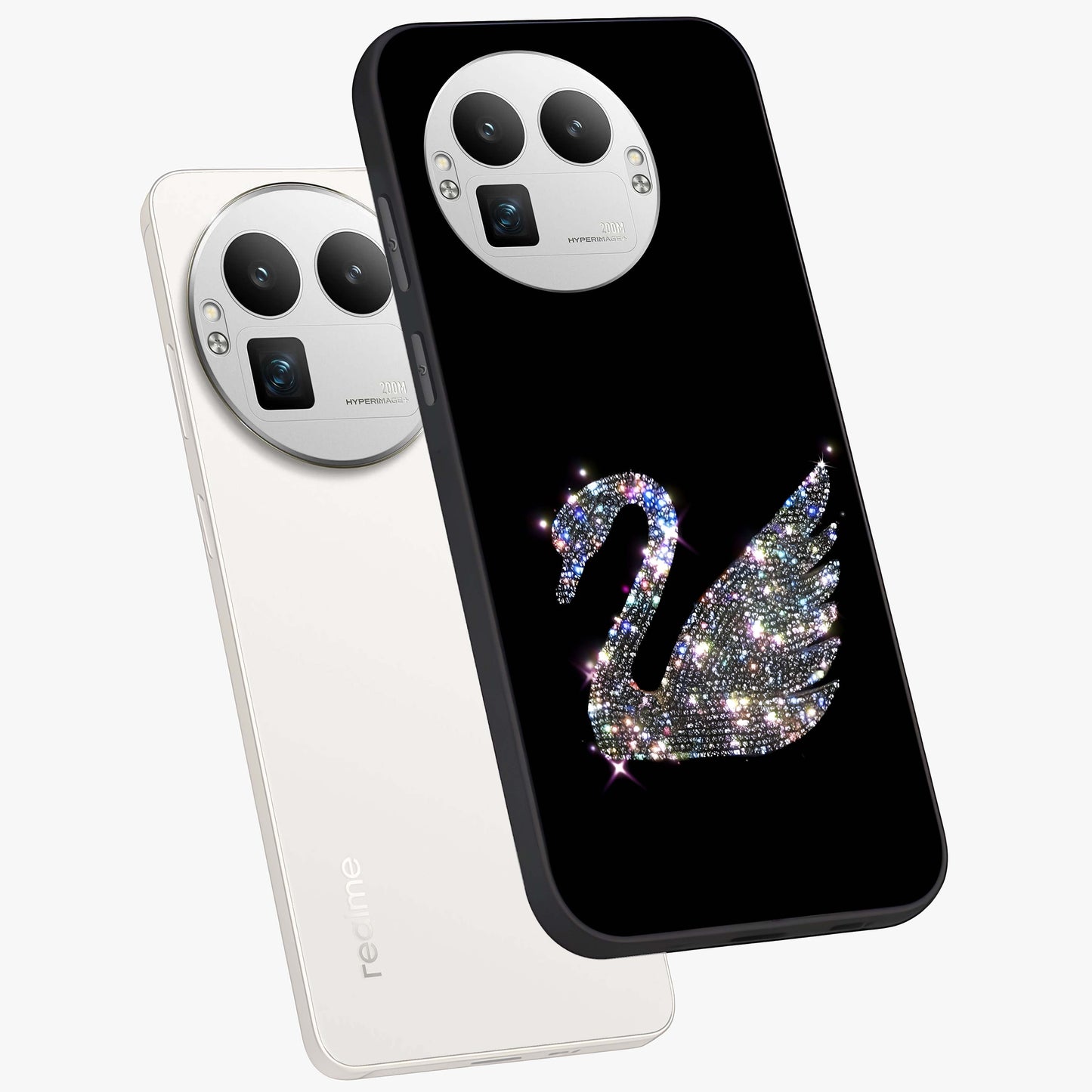 Starlit Swan Grace Glass Case displayed in angled mockup highlighting elegant swan illustration with dreamy celestial aesthetic.