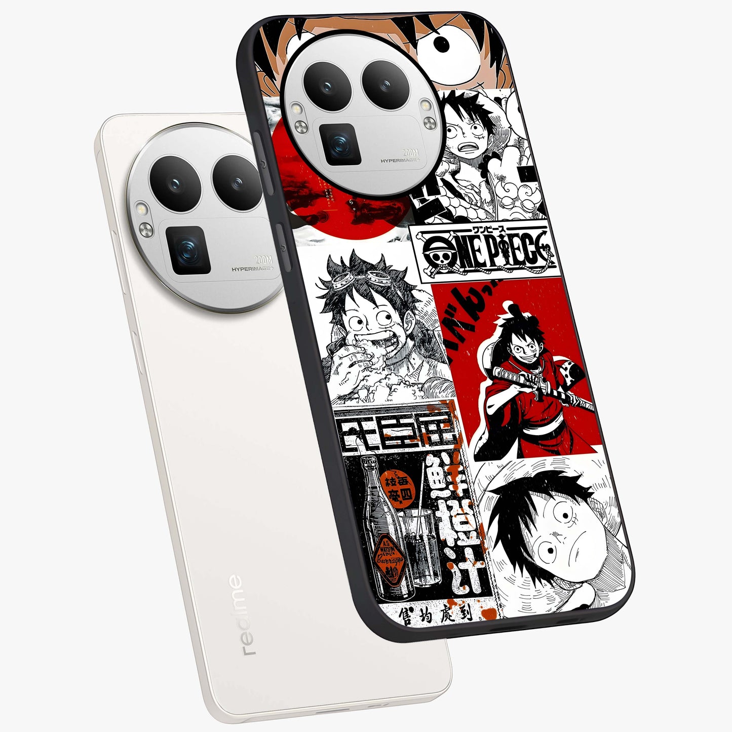 Strawhat Chaos Panels Glass Case displayed in angled mockup highlighting vibrant anime collage design with action aesthetic.