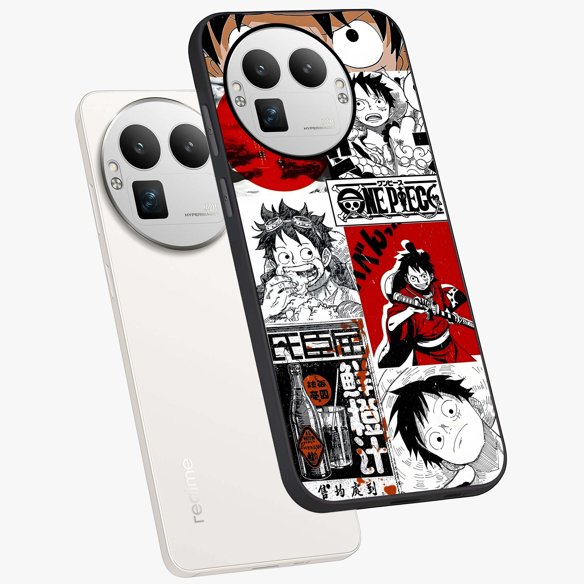 Strawhat Chaos Panels Glass Case displayed in angled mockup highlighting vibrant anime collage design with action aesthetic.