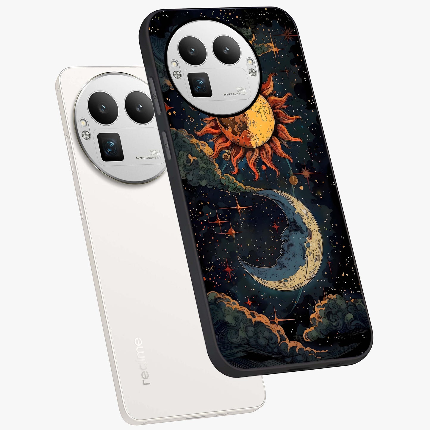 Sun And Moon Magic Design Glass Case displayed in angled mockup highlighting celestial design with magical cosmic aesthetic.