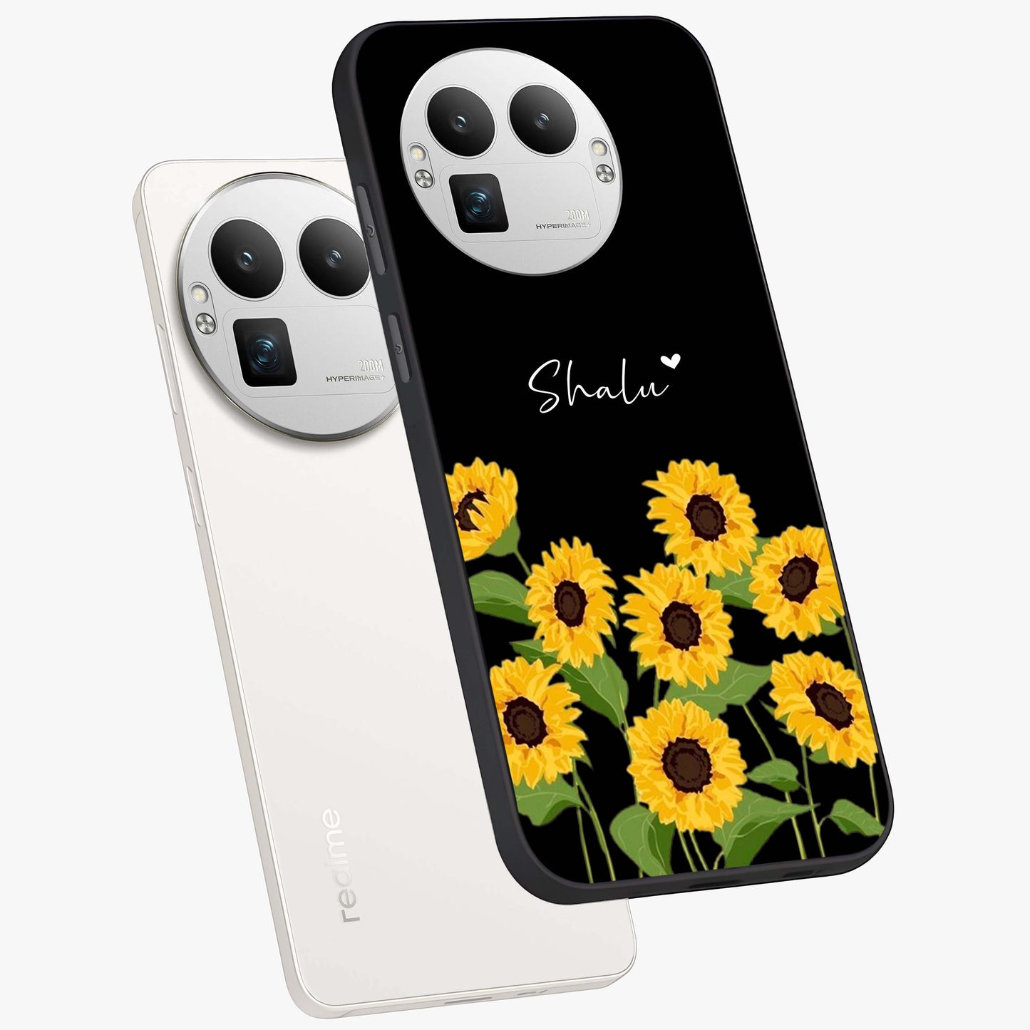Sunflower Chic Mood Custom Name Glass Case displayed in angled mockup highlighting vibrant sunflower design with custom name feature.