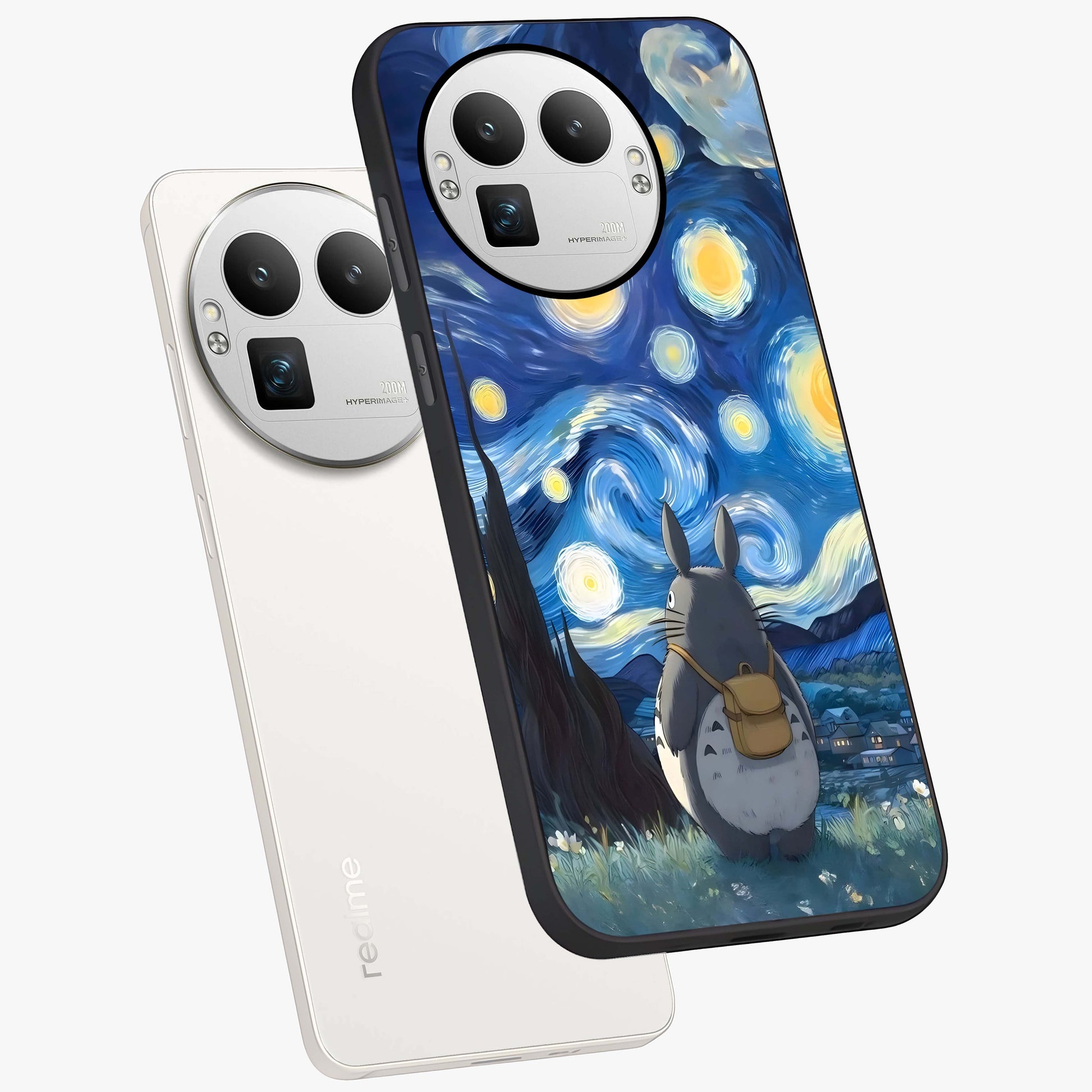 Totoro In Van Gogh Art Glass Case displayed in angled mockup highlighting artistic swirling sky design with playful animation aesthetic.