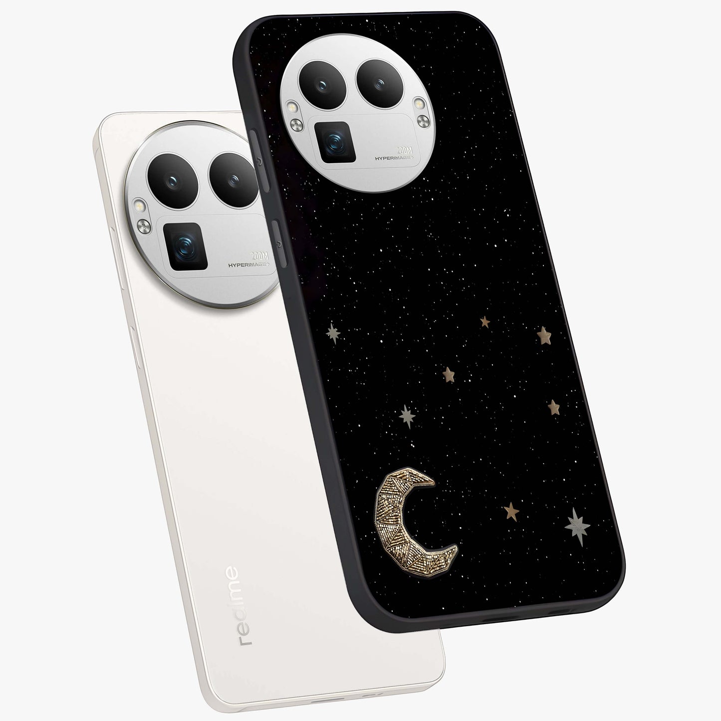 Twinkle Star With Half Moon Glass Case displayed in angled mockup highlighting celestial moon and star design with magical aesthetic.