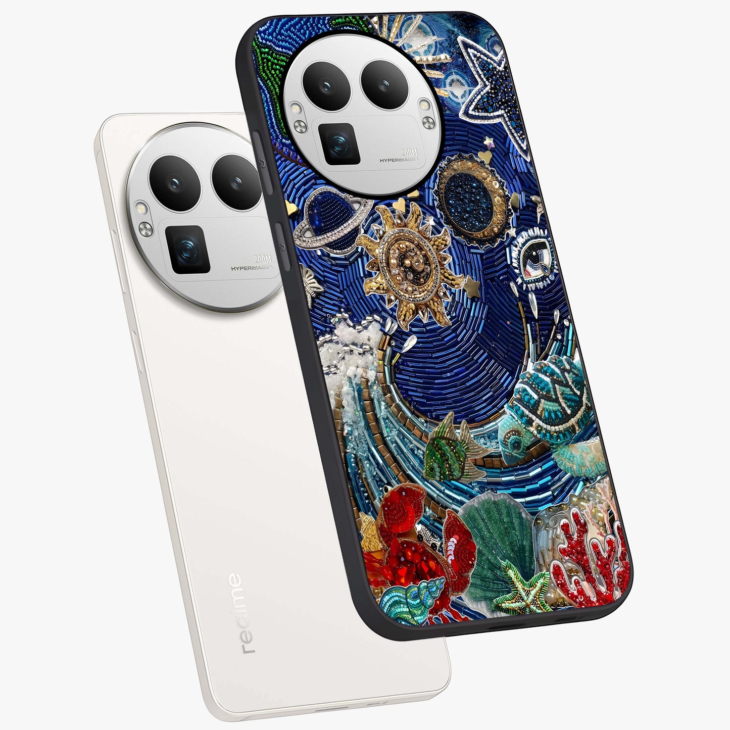 Universe Underwater Spark Glass Case displayed in angled mockup highlighting glowing aquatic design with celestial aesthetic.