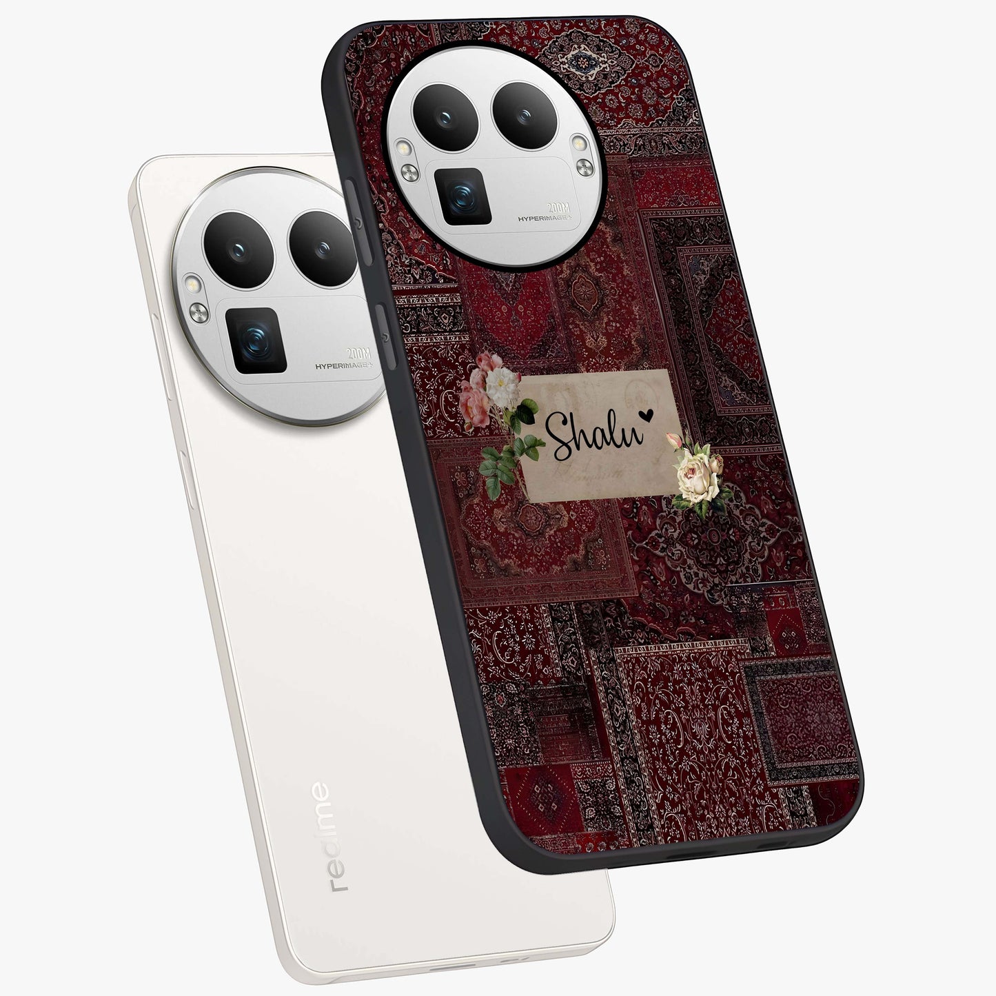 Velvet Wine Pattern Custom Name Glass Case displayed in angled mockup highlighting decorative velvet inspired design with custom name feature.