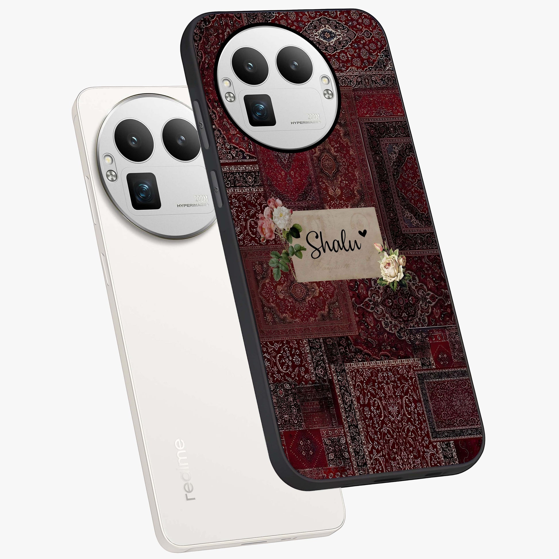 Velvet Wine Pattern Custom Name Glass Case displayed in angled mockup highlighting decorative velvet inspired design with custom name feature.