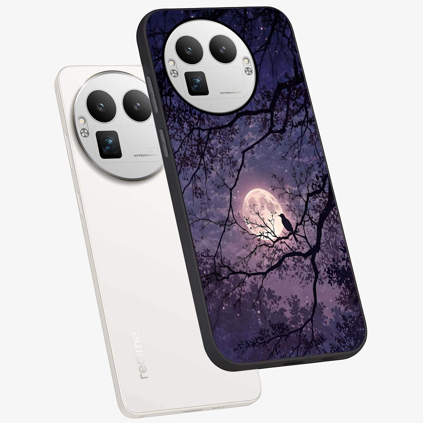 Whispering Moon Silence Glass Case displayed in angled mockup highlighting calm lunar design with dreamy night aesthetic.