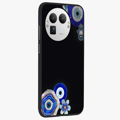 Aesthetic Blue Evil Eye Glass Case upright view showcasing mystical evil eye graphic with minimal aesthetic style.
