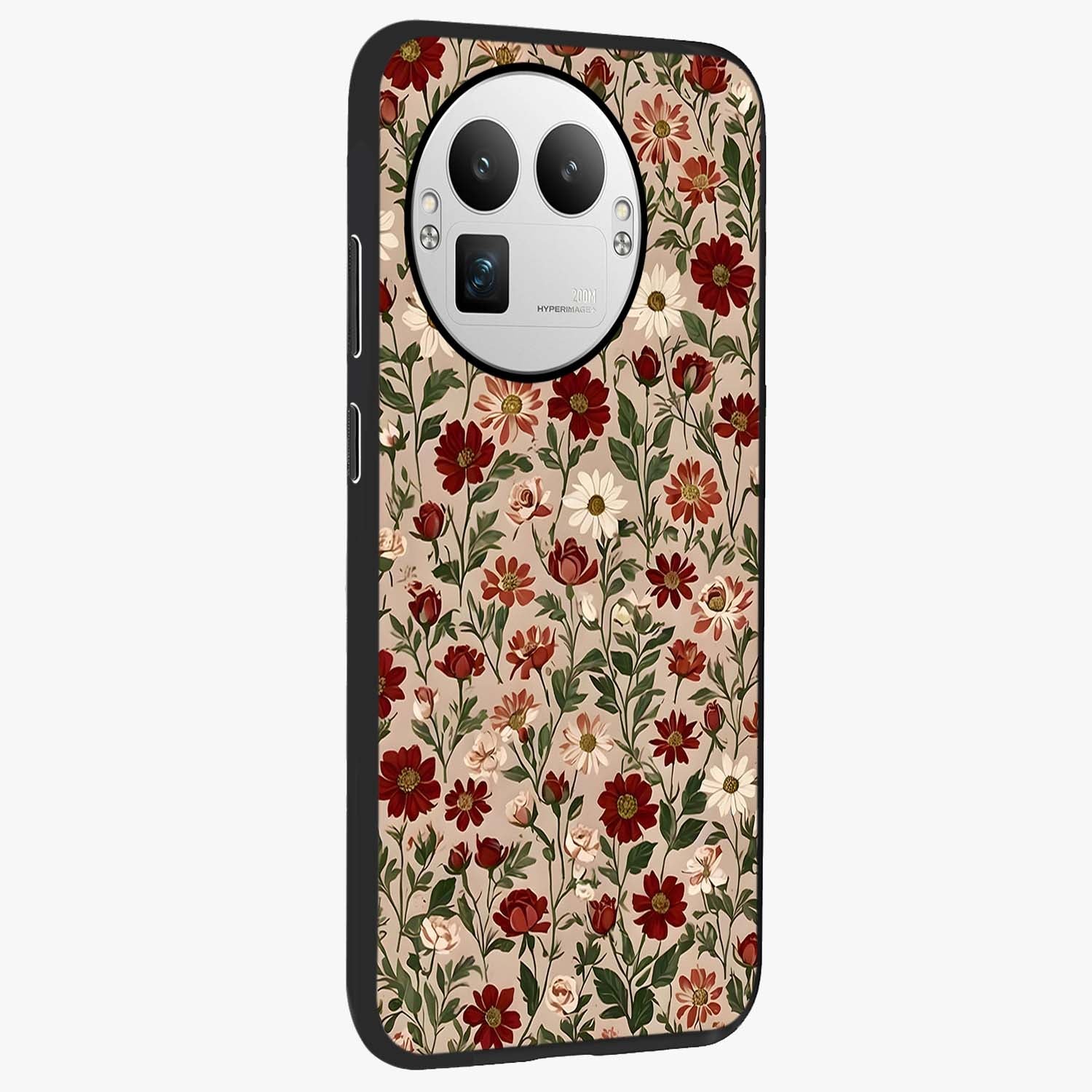 Biege Flower With Leaf Glass Case upright view showcasing delicate beige flower illustration with clean botanical style.