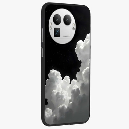 Black Background With White Cloud Glass Case upright view showcasing calm cloud aesthetic with modern minimal style.