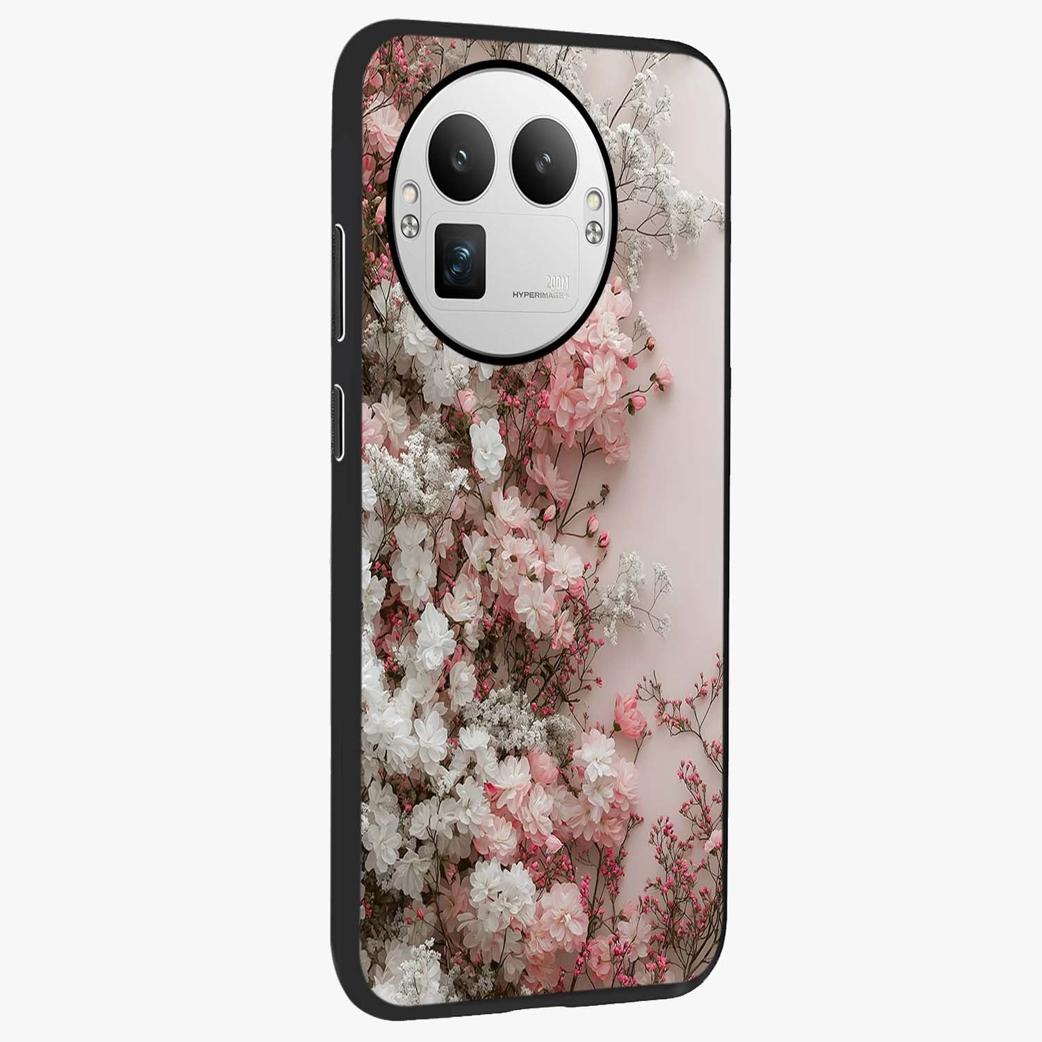 Blush Blossom Cloud Glass Case upright view showcasing calm floral cloud artwork with gentle dreamy theme.