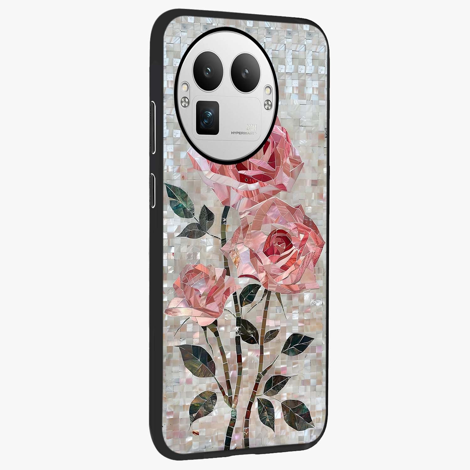 Blush Mosaic Bloom Glass Case upright view showcasing decorative floral mosaic artwork with stylish modern aesthetic.