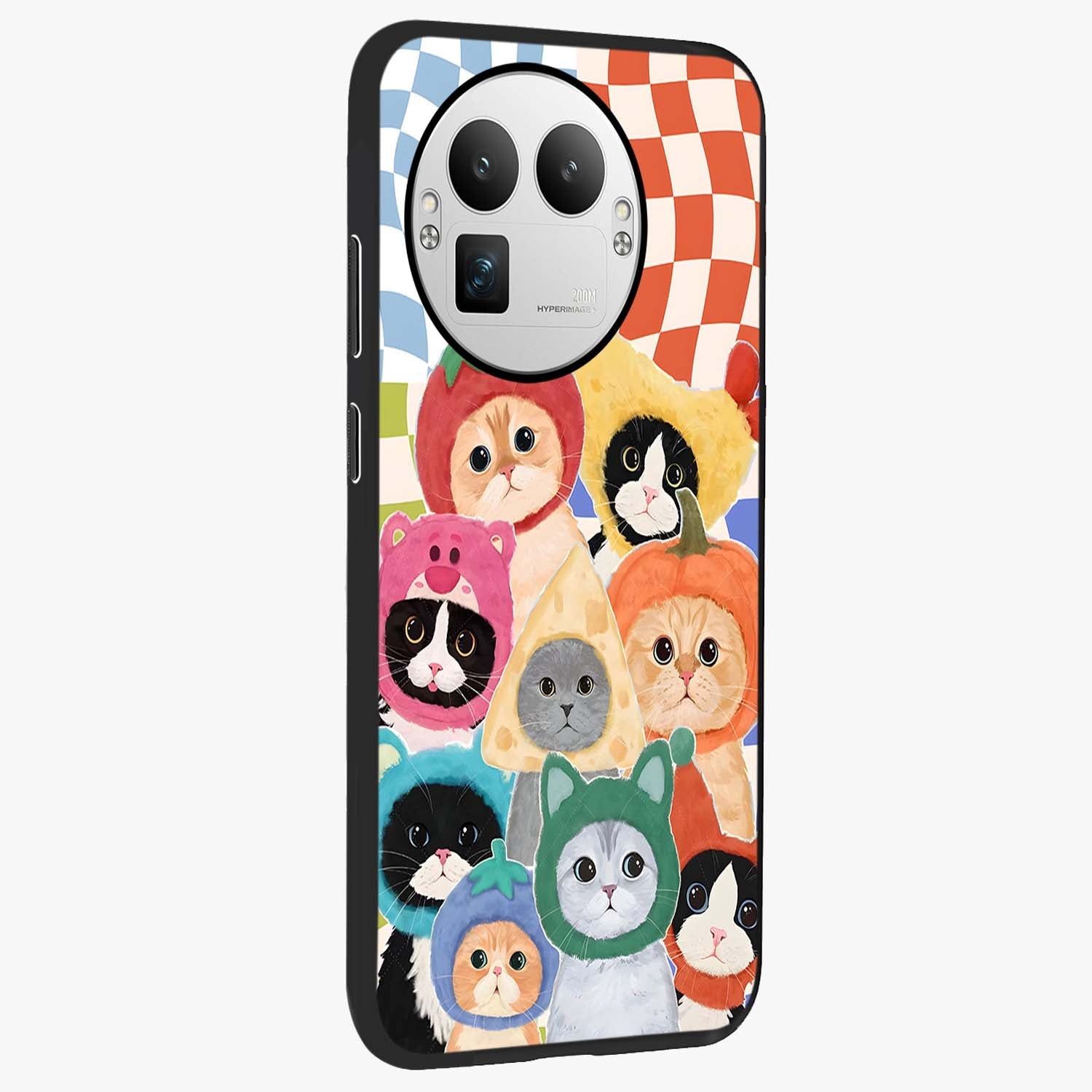 Cats in Fruits Glass Case upright view showcasing charming cat artwork with fun fruity theme.