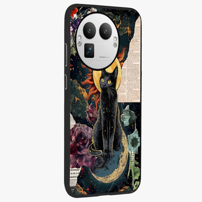 Celestial Black Cat Glass Case upright view showcasing magical black cat illustration with starry cosmic theme.