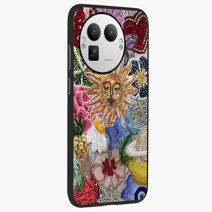 Celestial Floral and Playful Glass Case upright view showcasing whimsical floral artwork with cosmic aesthetic theme.