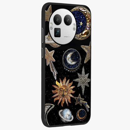 Celestial Gem Constellations Glass Case upright view showcasing cosmic constellation artwork with celestial aesthetic style.