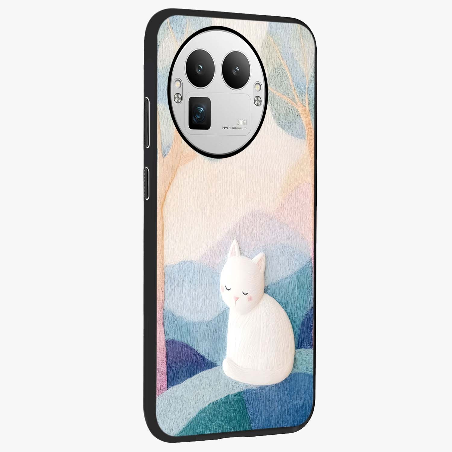 Cotton Dream Cat Glass Case upright view showcasing charming cat artwork with cozy dreamy theme.