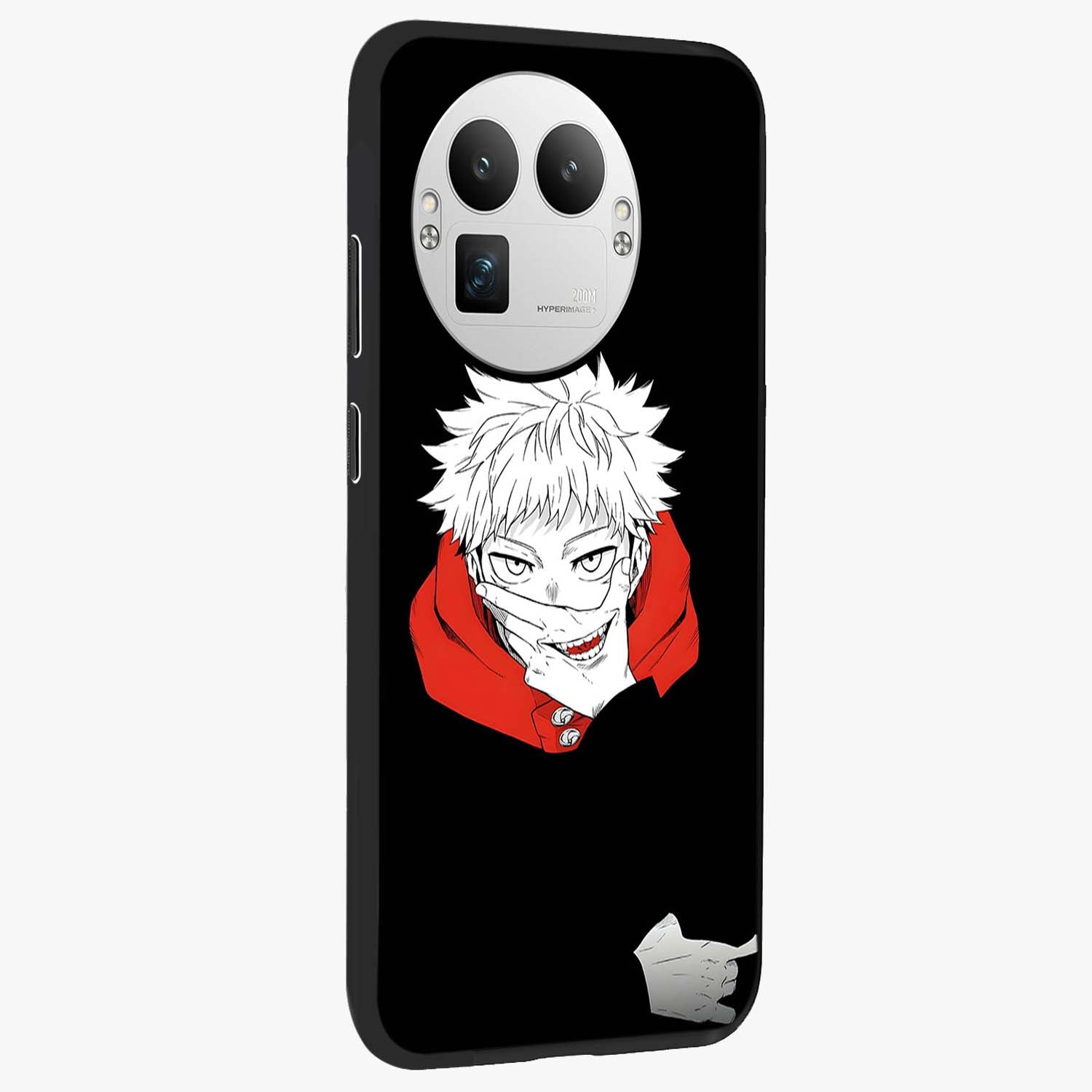 Crimson Chaos Smile Glass Case upright view showcasing expressive chaotic artwork with striking visual theme.