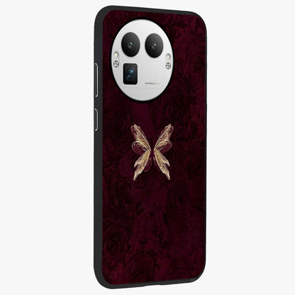 Crimson Fade Butterfly Glass Case upright view showcasing graceful butterfly artwork with soft crimson fade effect.
