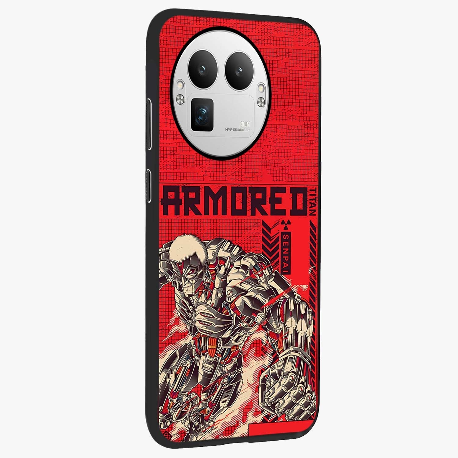 Crimson Mecha Titan Glass Case upright view showcasing dynamic robotic titan design with sci-fi inspired theme.