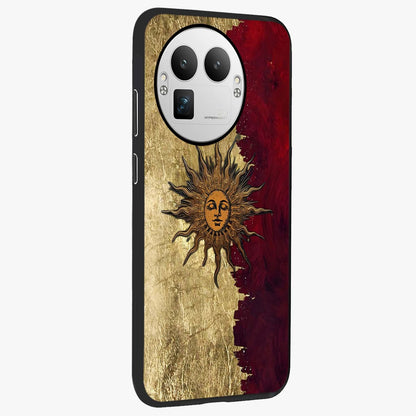 Crimson Sun Majesty Glass Case upright view showcasing vibrant sun artwork with powerful celestial theme.