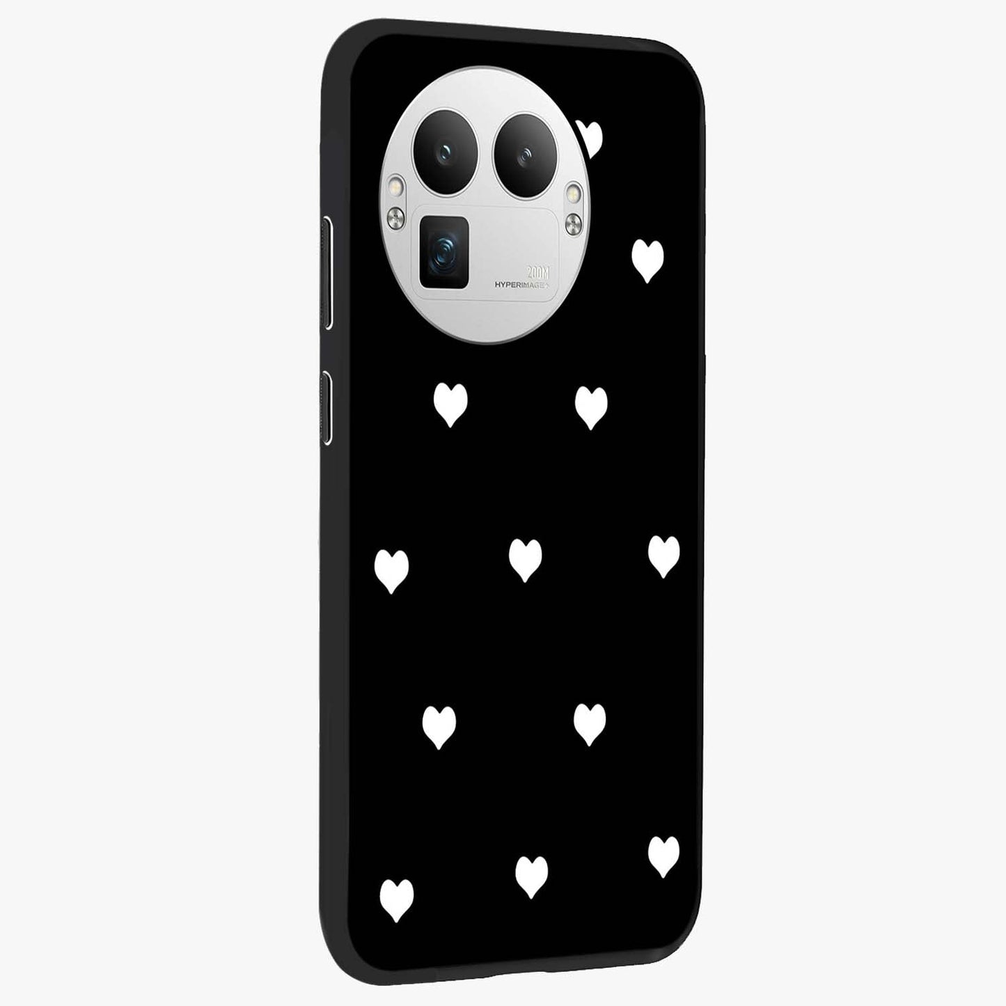 Cute And Simple White Hearts Glass Case upright view showcasing simple white hearts artwork with soft minimal theme.