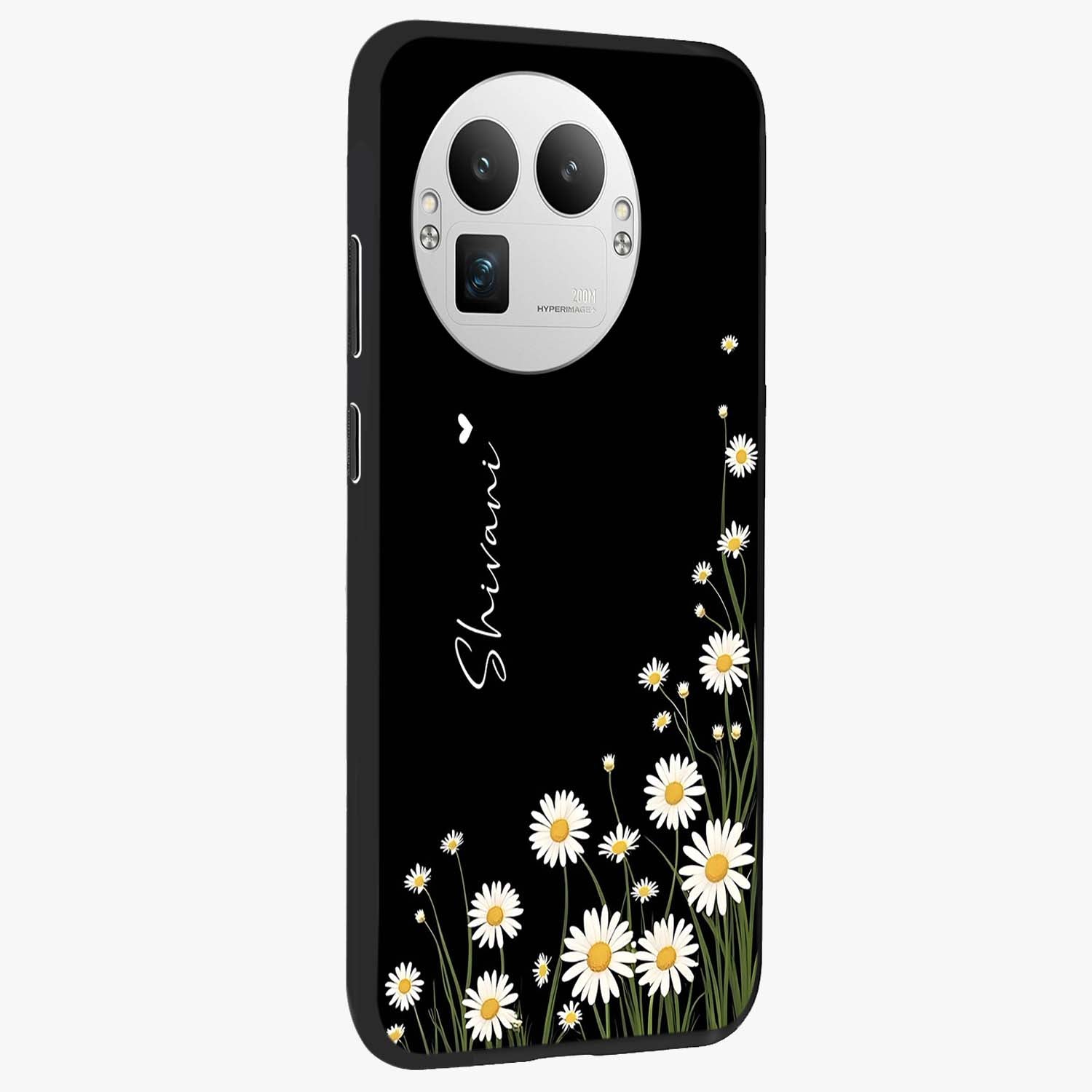 Daisy Cascade Custom Name Glass Case upright view showcasing elegant floral cascade design with personalized aesthetic.