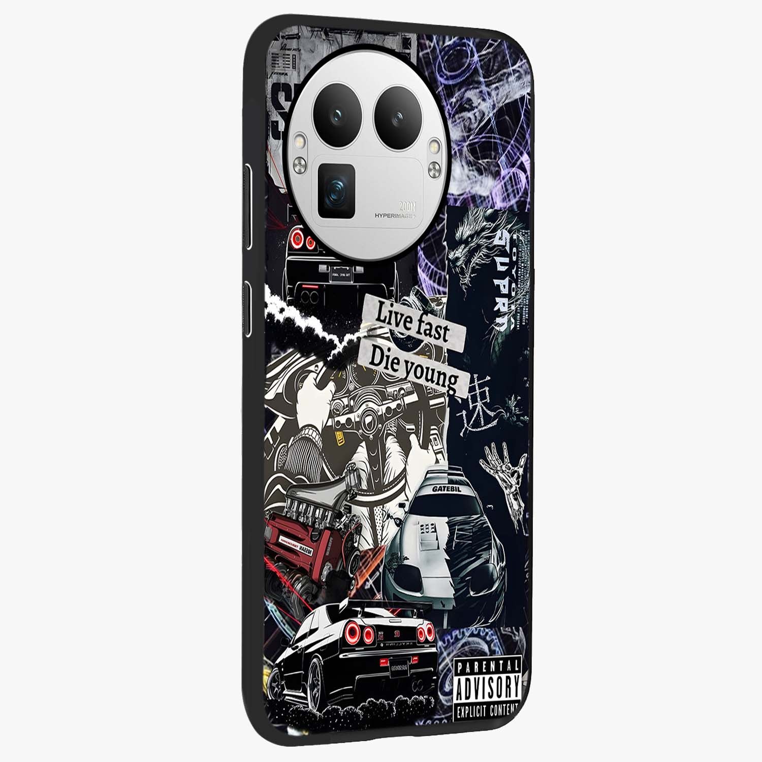 Die Young Glass Case upright view showcasing striking typography artwork with modern statement theme.