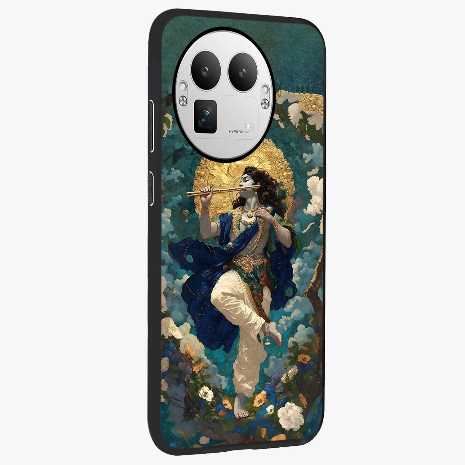 Divine Krishna Art Glass Case upright view showcasing divine Krishna artwork with sacred artistic theme.