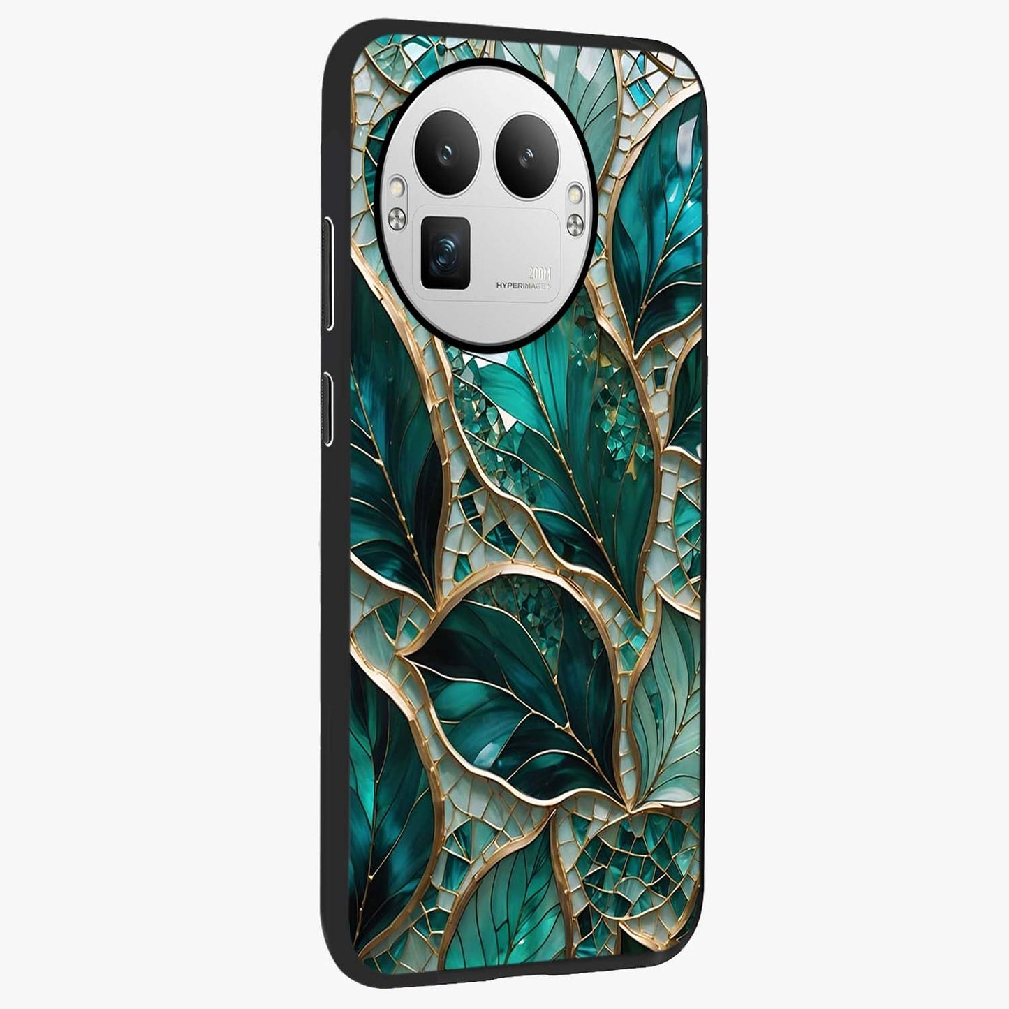 Emerald Leaf Glass Glass Case upright view showcasing fresh green leaf artwork with calming nature inspired style.