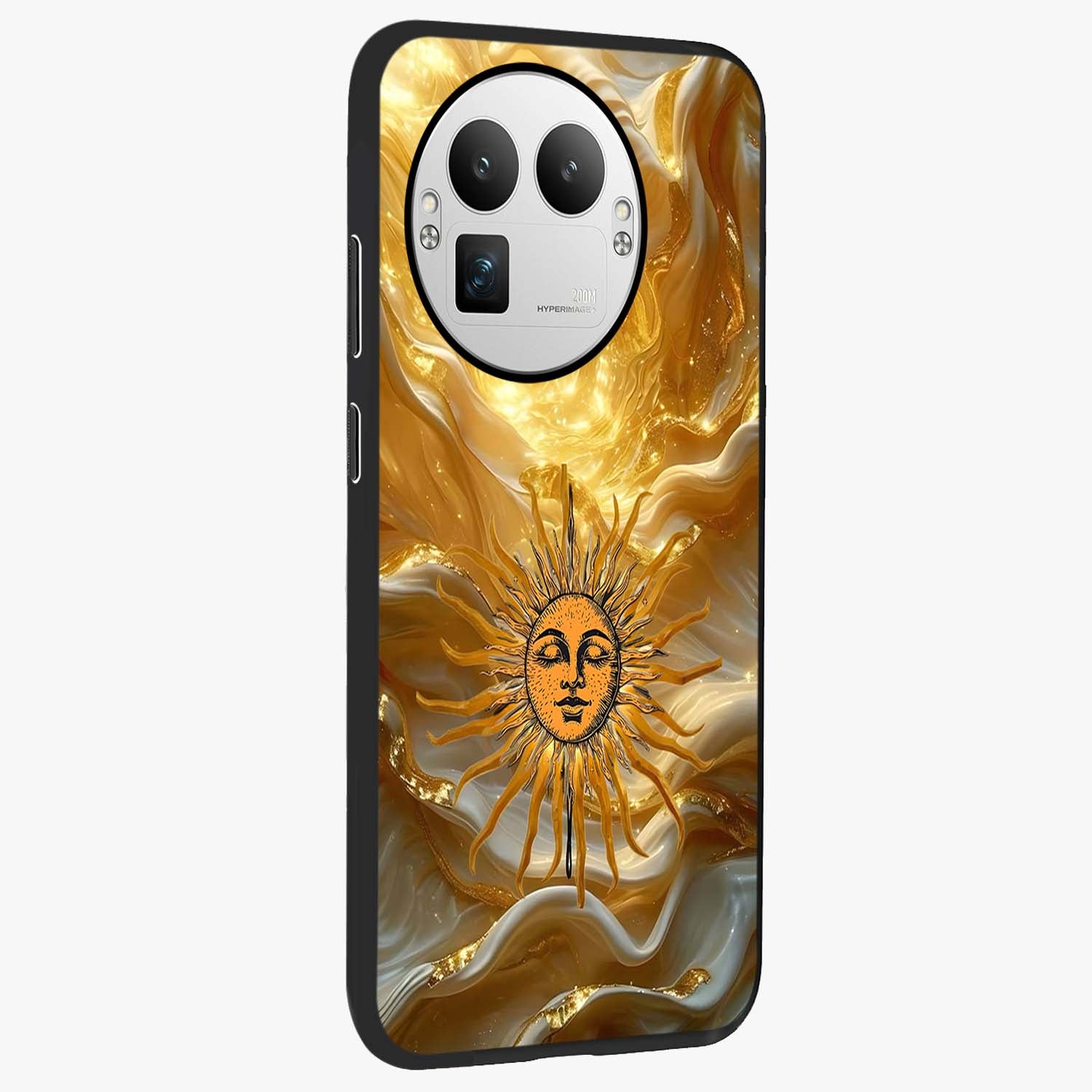 Eternal Golden Glow Glass Case upright view showcasing luminous golden artwork with luxurious visual theme.