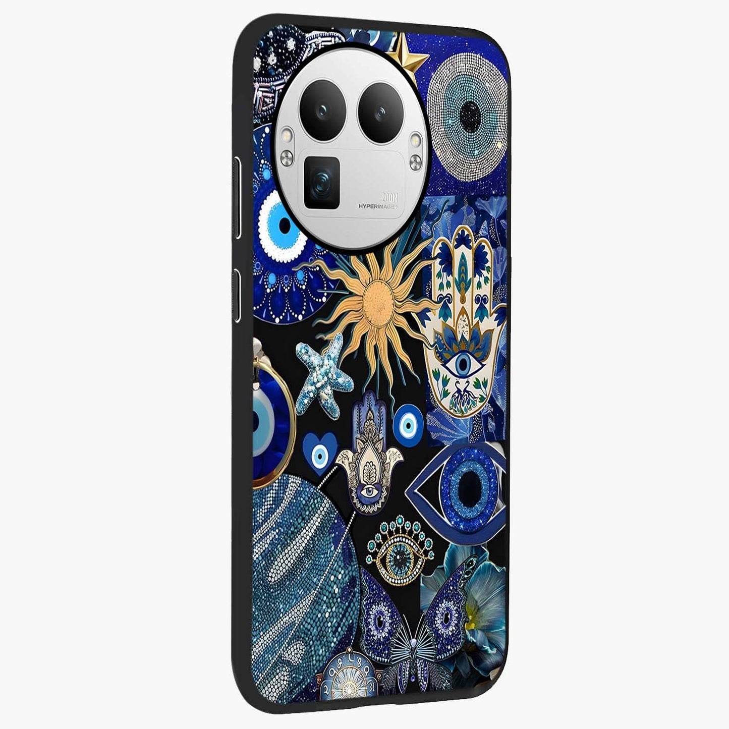 Evil Eye Charm Mix Glass Case upright view showcasing mystical evil eye pattern with vibrant decorative style.