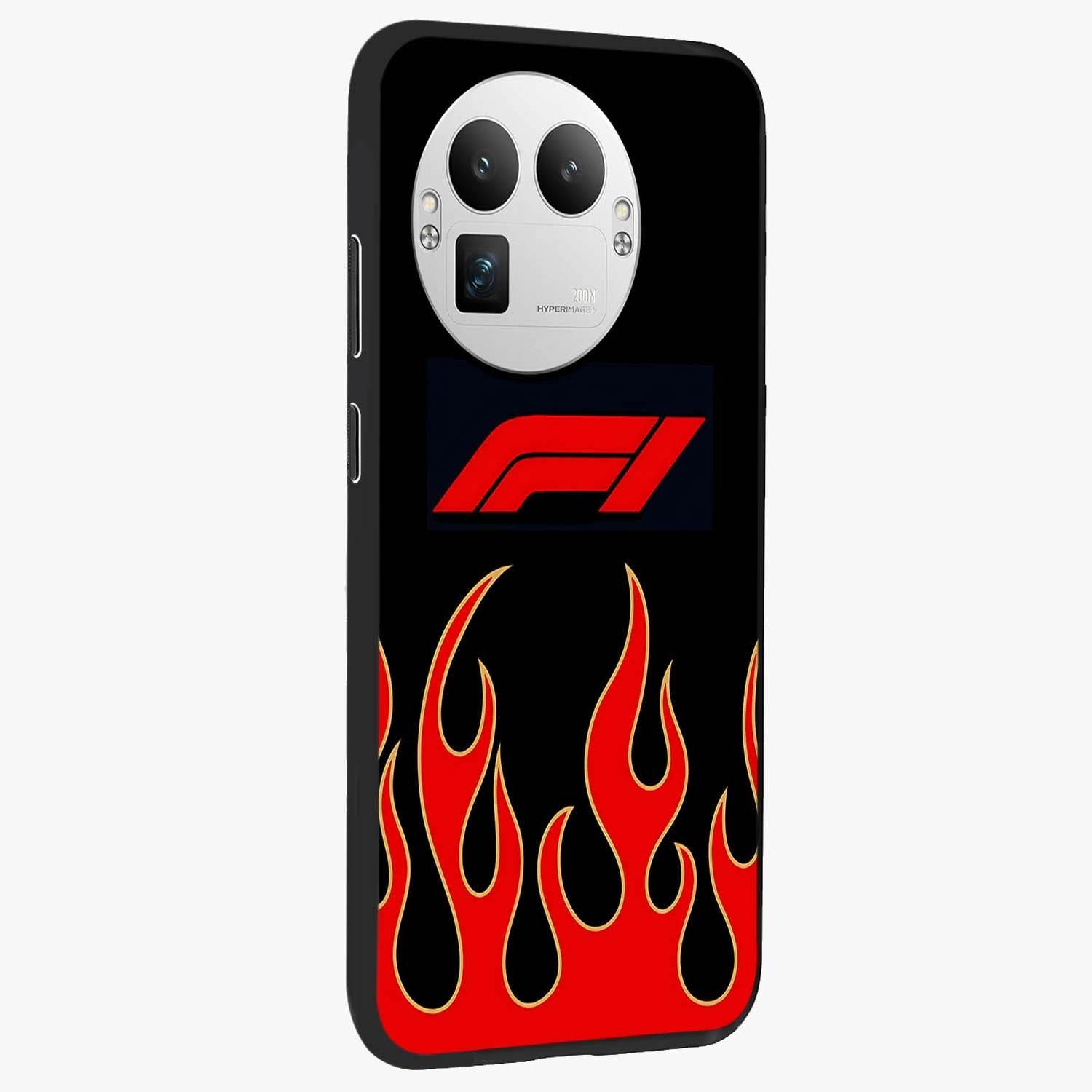 Fire F11 Glass Case upright view showcasing dynamic flame artwork with intense visual theme.
