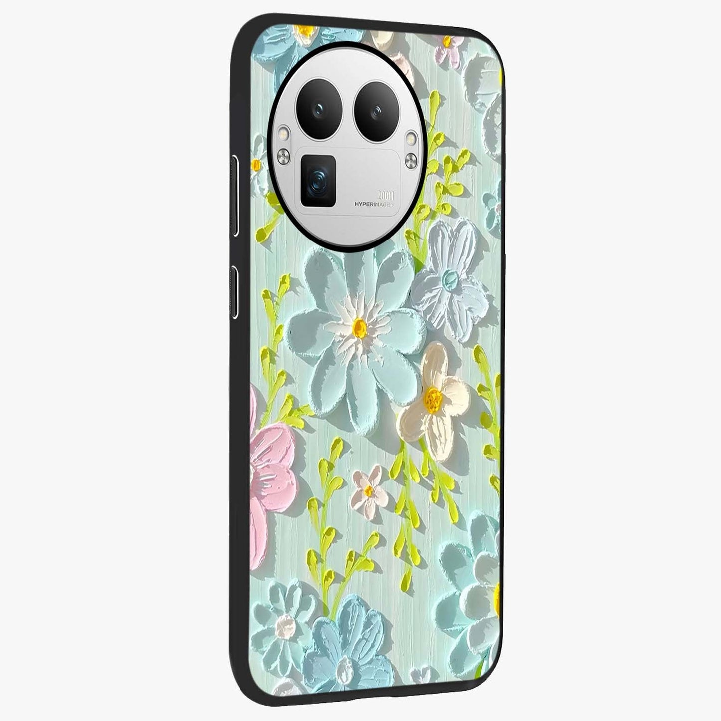 Frosted Petal Garden Glass Case upright view showcasing elegant floral garden artwork with soothing pastel theme.