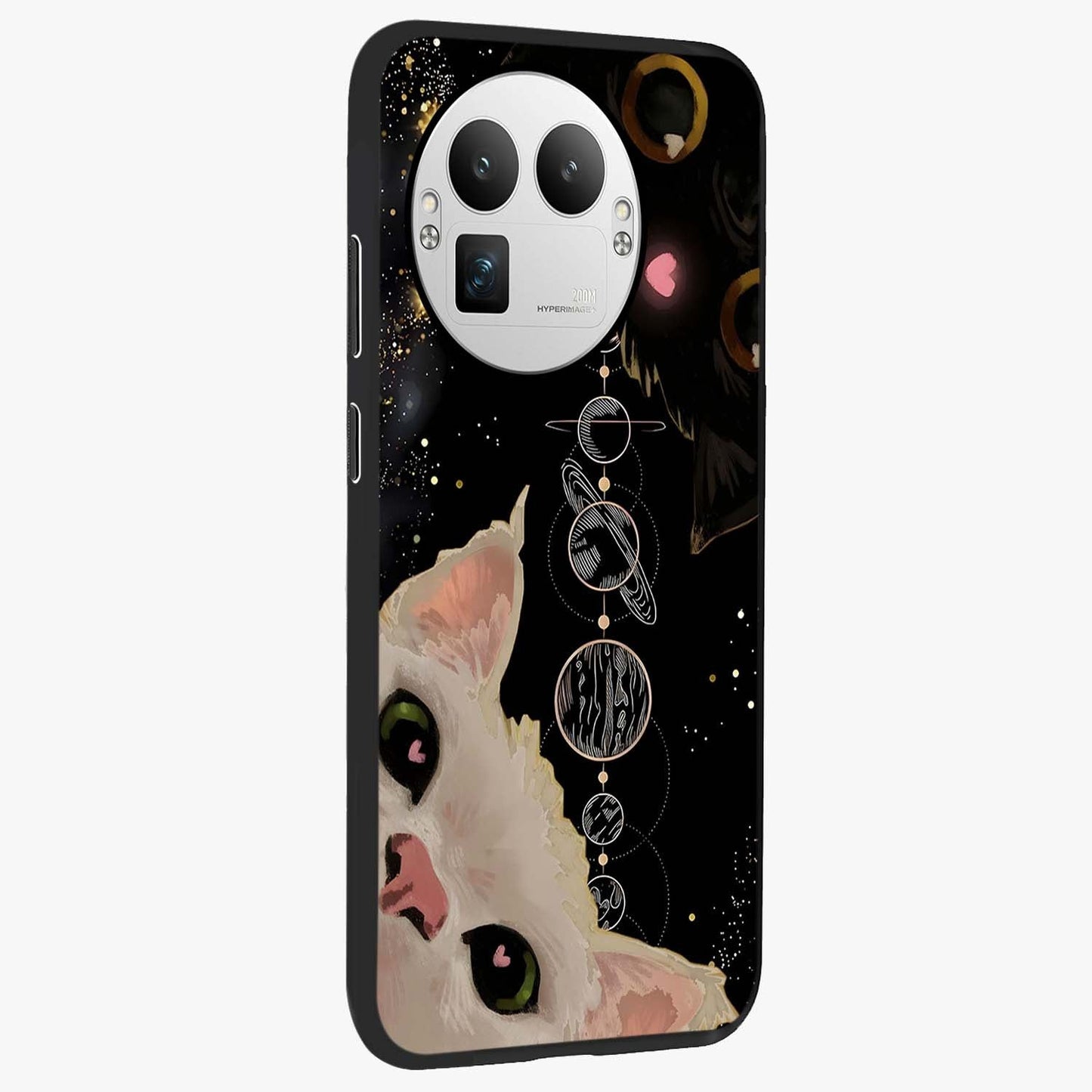 Galactic Cat Glass Case upright view showcasing mystical cat artwork with dreamy cosmic theme.