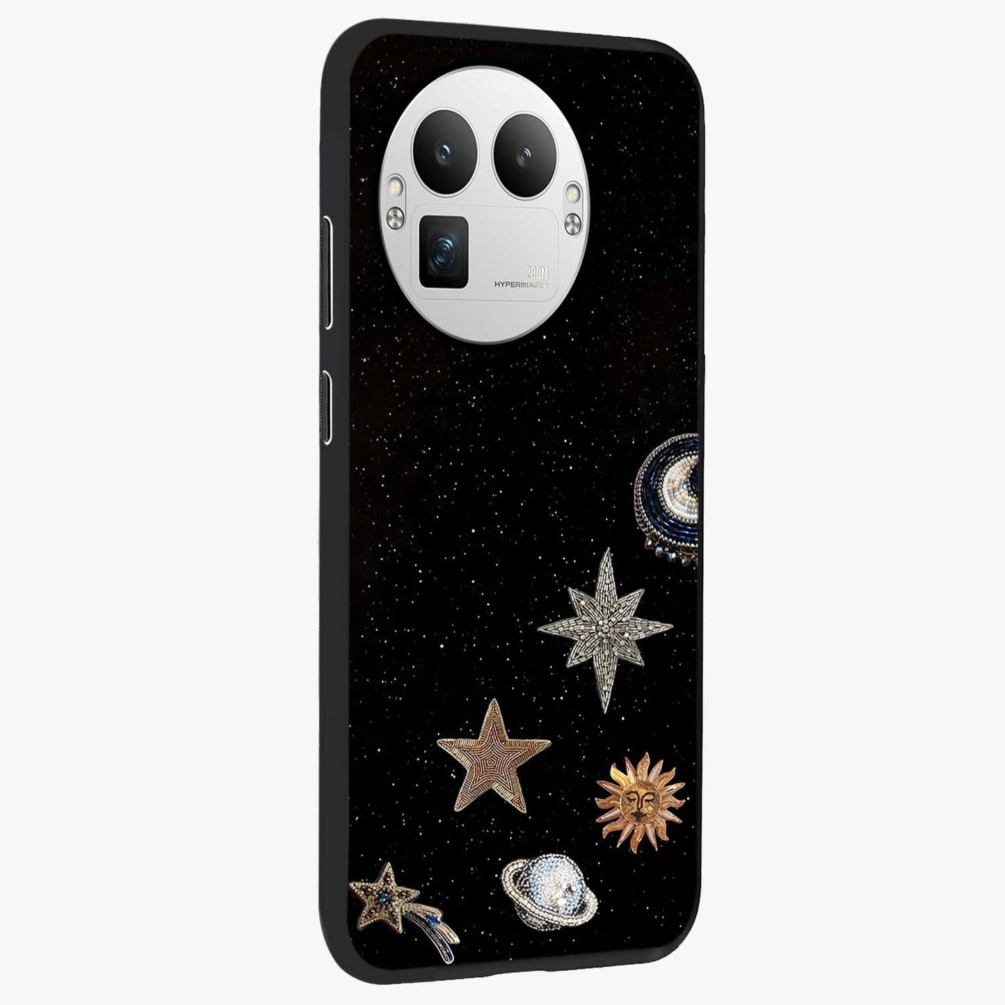 Galactic Charm Glow Glass Case upright view showcasing glowing cosmic charm artwork with magical celestial style.