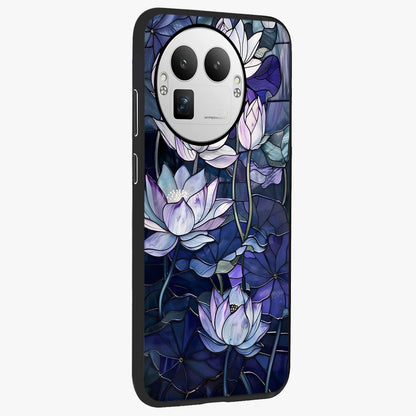 Gloss Petal Rush Glass Case upright view showcasing dynamic floral petal artwork with modern botanical theme.