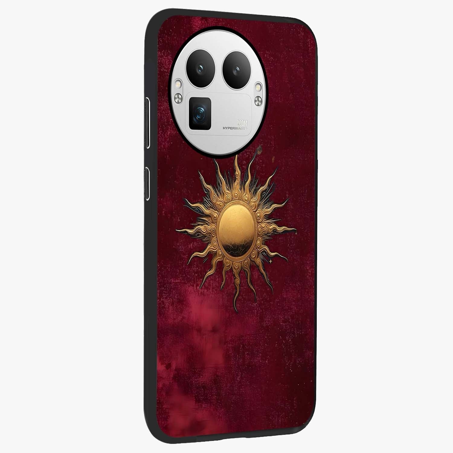 Golden Sun Minimalism Glass Case upright view showcasing simple golden sun artwork with elegant minimalist style.