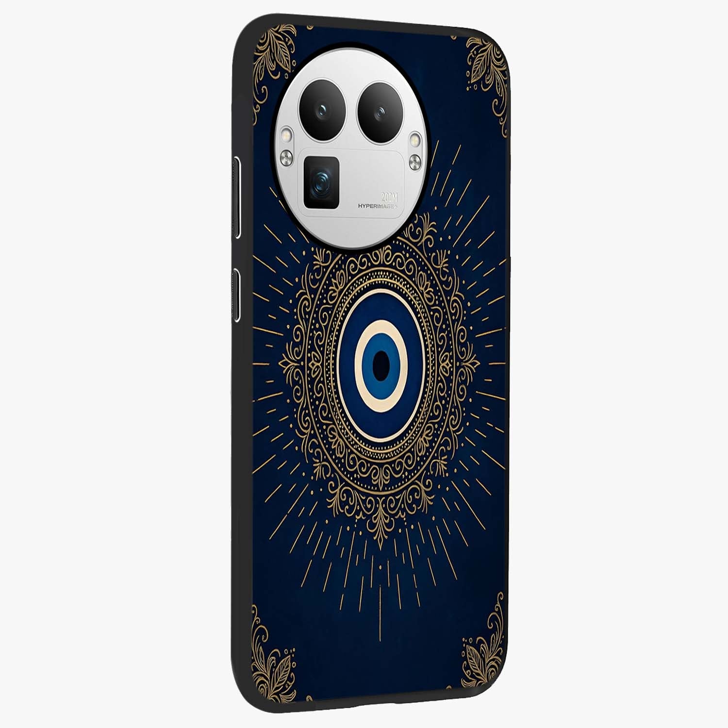Golden Celestial Charm Glass Case upright view showcasing radiant celestial artwork with elegant golden theme.