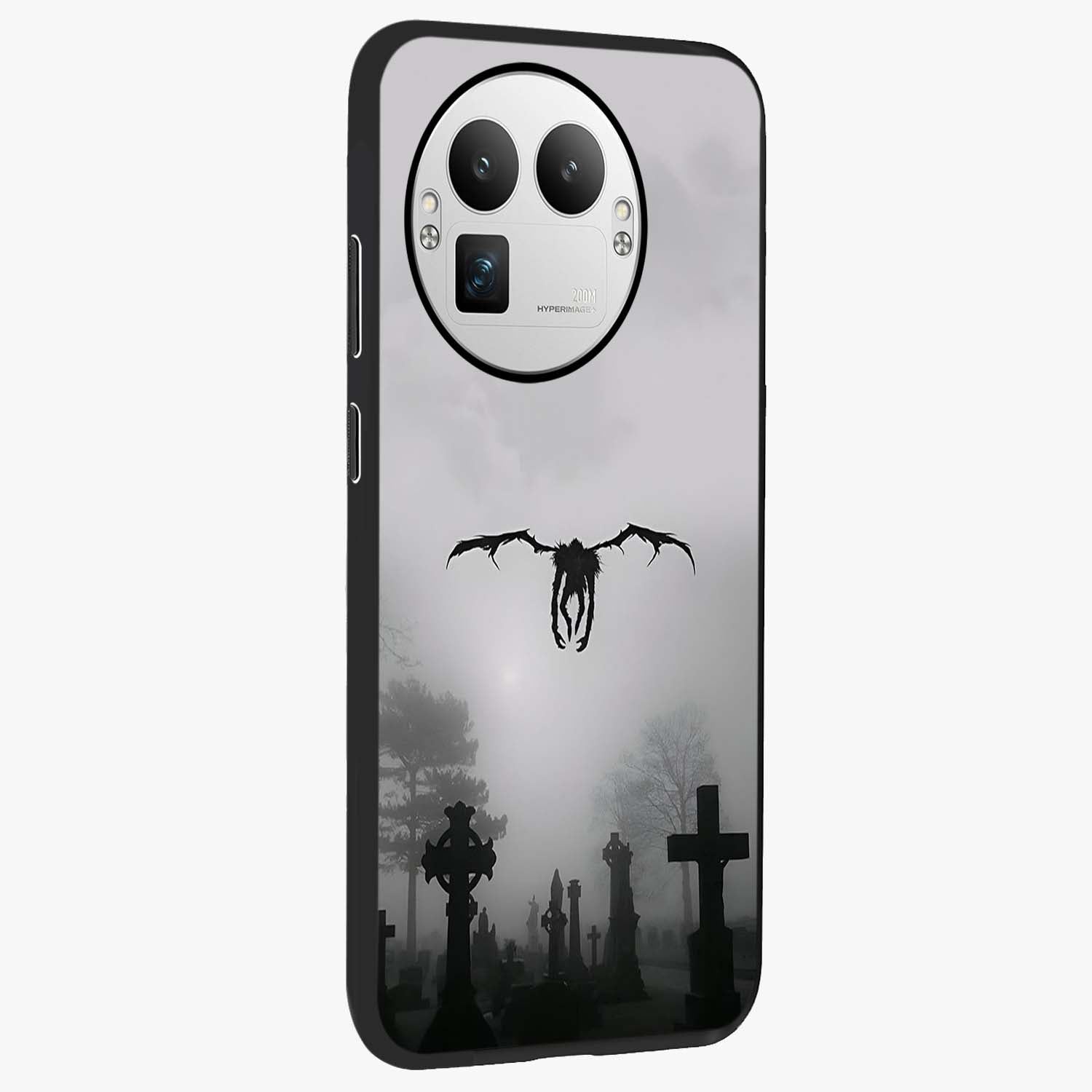Graveyard Shadow Descent Glass Case upright view showcasing haunting graveyard artwork with dramatic dark theme.