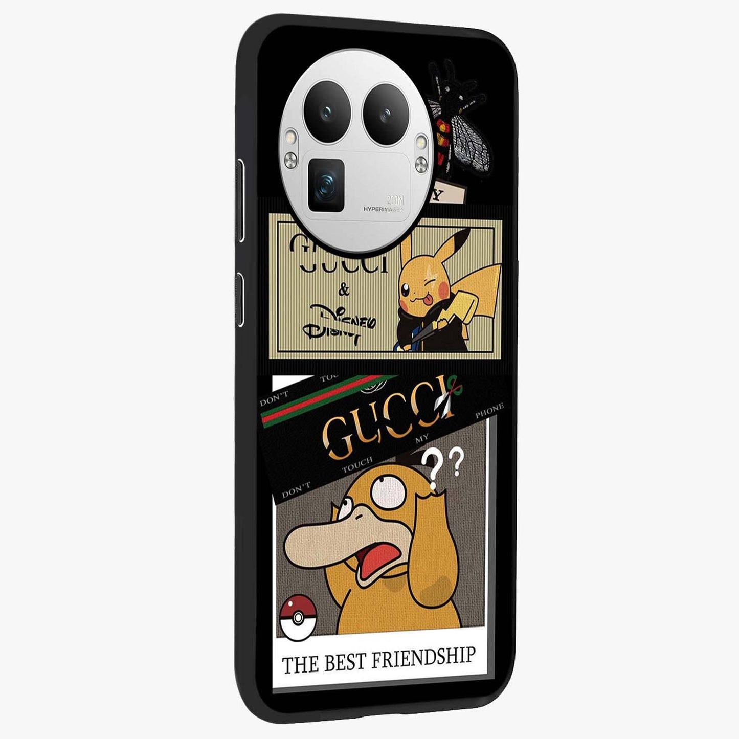 Gucci Play Mashup Glass Case upright view showcasing trendy luxury inspired artwork with modern fashion theme.