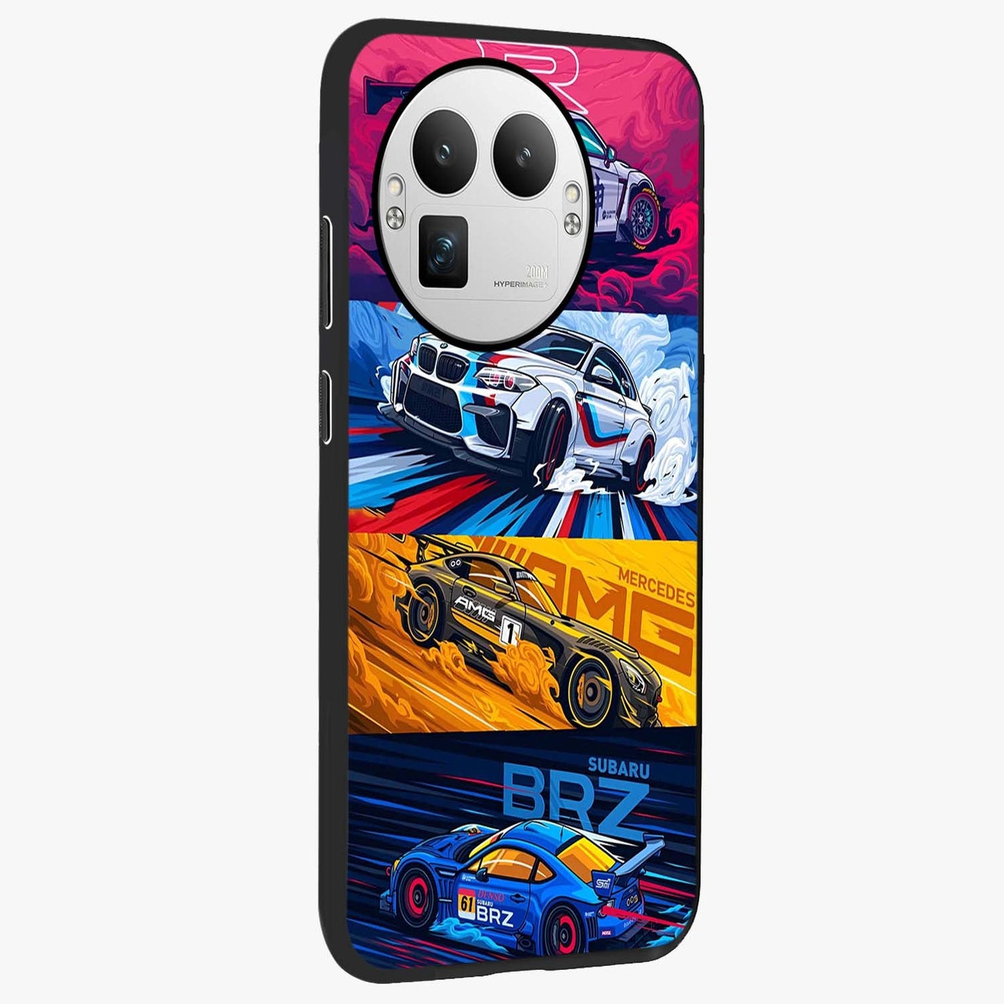 JDM Sports Car Glass Case upright view showcasing dynamic sports car artwork with bold racing theme.