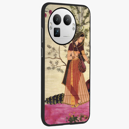 Lady With Veena Art Glass Case upright view showcasing classical veena artwork with traditional artistic theme.